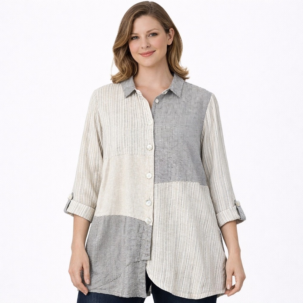 Habitat Womens Linen Blend Asymetric Patchwork Tunic Large Lagenlook Neutral
